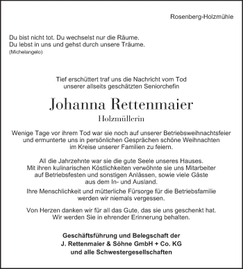 Traueranzeige von Johanna Rettenmaier von Schwäbische Post