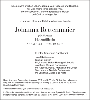 Traueranzeige von Johanna Rettenmaier von Schwäbische Post