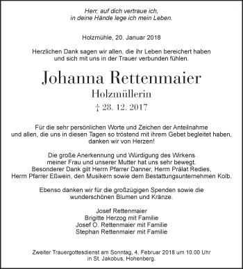 Traueranzeige von Johanna Rettenmaier von Schwäbische Post