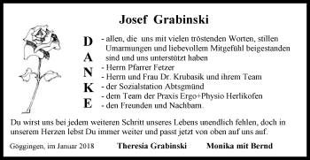 Traueranzeige von Josef Grabinski von Gmünder Tagespost