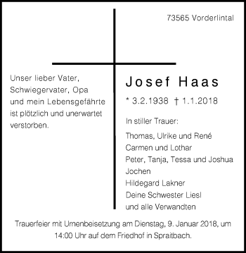 Traueranzeige von Josef Haas von Gmünder Tagespost