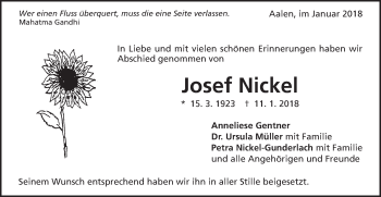 Traueranzeige von Josef Nickel von Schwäbische Post