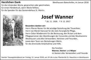 Traueranzeige von Josef Wanner von Schwäbische Post
