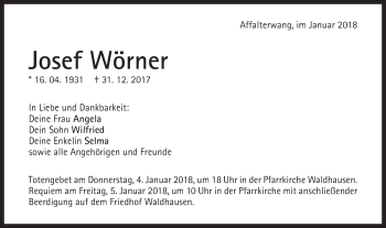 Traueranzeige von Josef Wörner von Schwäbische Post