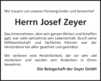 Traueranzeige von Josef Zeyer von Schwäbische Post