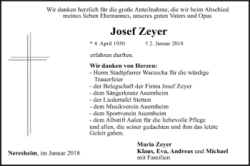 Traueranzeige von Josef Zeyer von Schwäbische Post