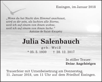 Traueranzeige von Julia Salenbauch von Schwäbische Post