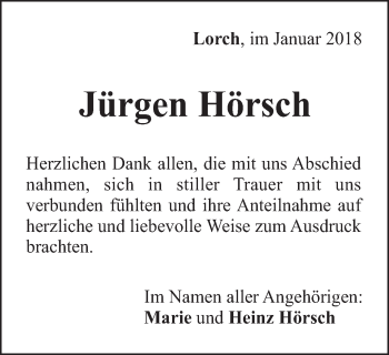 Traueranzeige von Jürgen Hörsch von Gmünder Tagespost