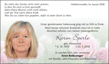 Traueranzeige von Karin Sperle von Schwäbische Post