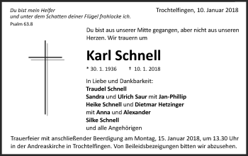 Traueranzeige von Karl Schnell von Schwäbische Post