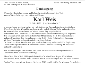 Traueranzeige von Karl Weis von Schwäbische Post