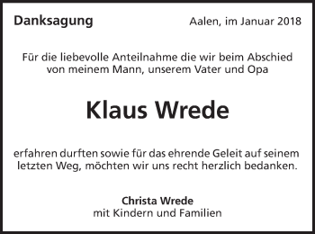 Traueranzeige von Klaus Wrede von Schwäbische Post