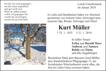 Traueranzeige von Kurt Müller von Gmünder Tagespost
