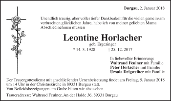 Traueranzeige von Leontine Horlacher von Schwäbische Post