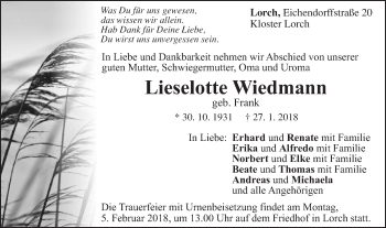 Traueranzeige von Lieselotte Wiedmann von Gmünder Tagespost