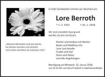 Traueranzeige von Lore Berroth von Schwäbische Post