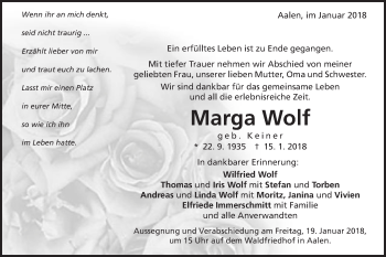 Traueranzeige von Marga Wolf von Schwäbische Post