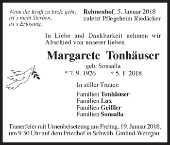 Traueranzeige von Margarete Tonhäuser von Gmünder Tagespost