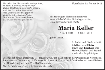 Traueranzeige von Maria Keller von Schwäbische Post