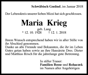 Traueranzeige von Maria Krieg von Gmünder Tagespost