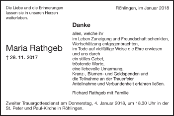 Traueranzeige von Maria Rathgeb von Schwäbische Post