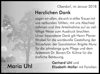 Traueranzeige von Maria Uhl von Schwäbische Post