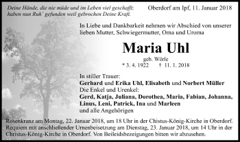 Traueranzeige von Maria Uhl von Schwäbische Post