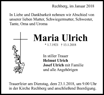 Traueranzeige von Maria Ulrich von Gmünder Tagespost