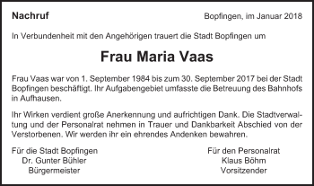 Traueranzeige von Maria Vaas von Bopfinger Stadtanzeiger