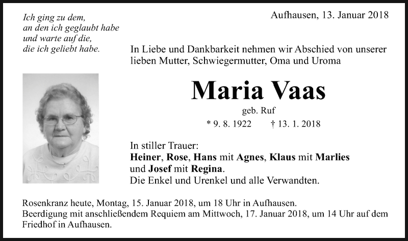  Traueranzeige für Maria Vaas vom 15.01.2018 aus Schwäbische Post
