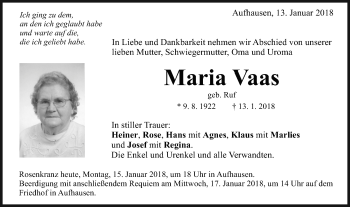 Traueranzeige von Maria Vaas von Schwäbische Post