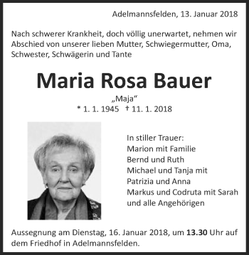 Traueranzeige von Maria Rosa Bauer von Schwäbische Post
