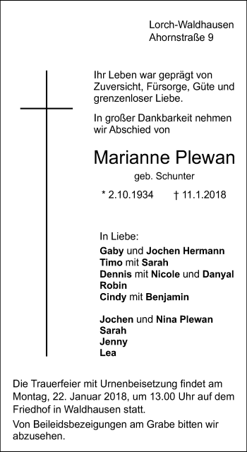 Traueranzeige von Marianne Plewan von Gmünder Tagespost