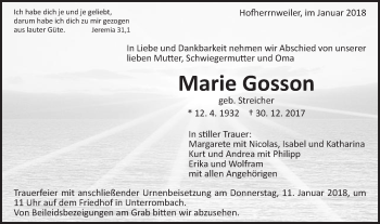 Traueranzeige von Marie Gosson von Schwäbische Post
