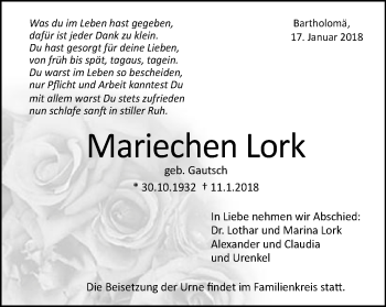 Traueranzeige von Mariechen Lork von Gmünder Tagespost