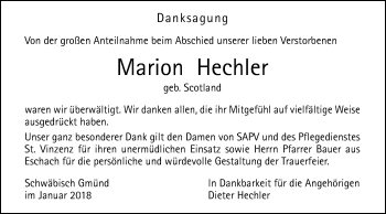 Traueranzeige von Marion Hechler von Gmünder Tagespost
