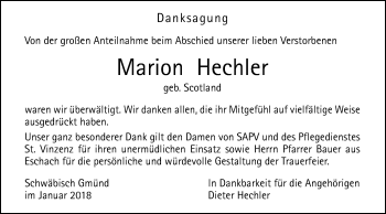 Traueranzeige von Marion Hechler