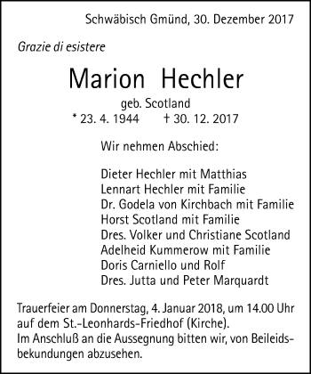 Traueranzeige von Marion Hechler von Gmünder Tagespost
