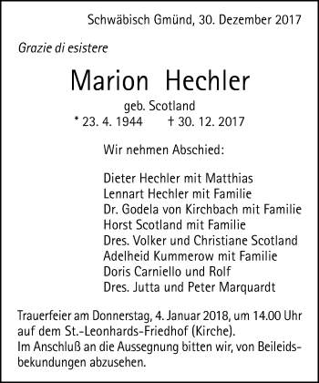 Traueranzeige von Marion Hechler