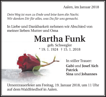 Traueranzeige von Martha Funk von Schwäbische Post