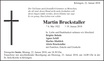 Traueranzeige von Martin Bruckstaller von Schwäbische Post