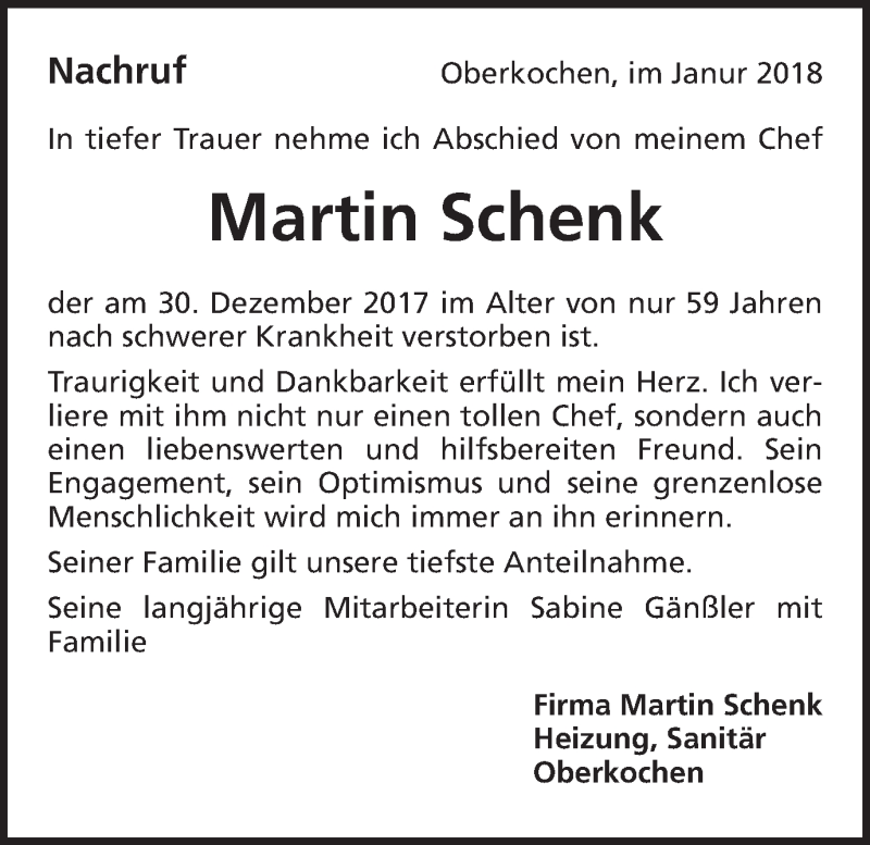  Traueranzeige für Martin Schenk vom 05.01.2018 aus Amtsblatt_Oko