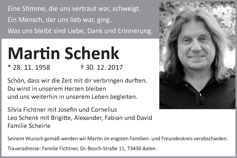  Traueranzeige für Martin Schenk vom 04.01.2018 aus Schwäbische Post