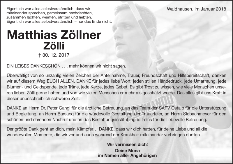  Traueranzeige für Matthias Zöllner vom 13.01.2018 aus Schwäbische Post