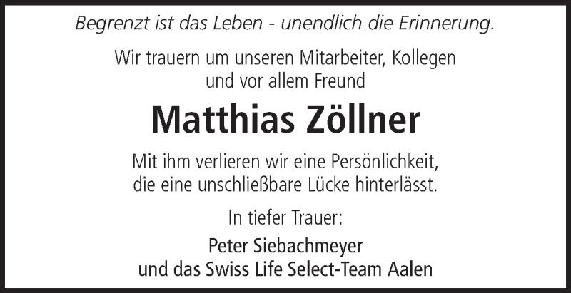  Traueranzeige für Matthias Zöllner vom 04.01.2018 aus Schwäbische Post