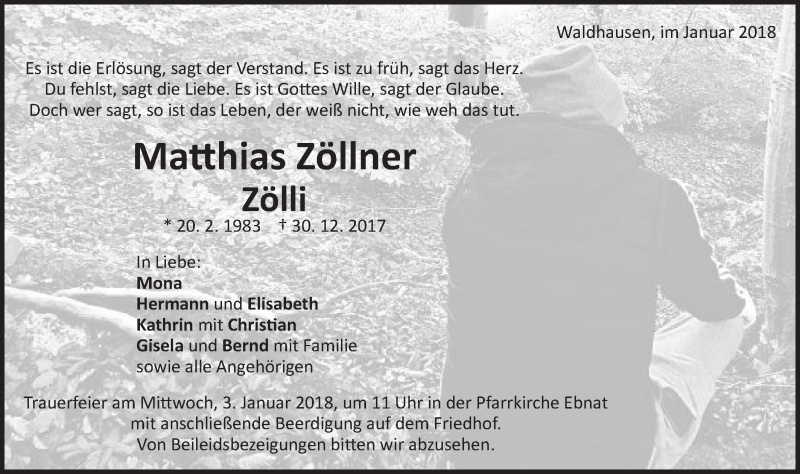  Traueranzeige für Matthias Zöllner vom 02.01.2018 aus Schwäbische Post