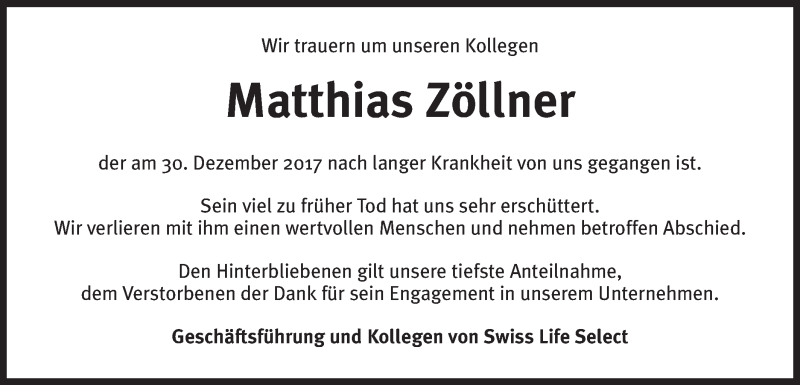  Traueranzeige für Matthias Zöllner vom 04.01.2018 aus Schwäbische Post