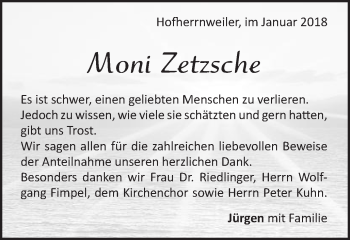 Traueranzeige von Moni Zetzsche von Schwäbische Post