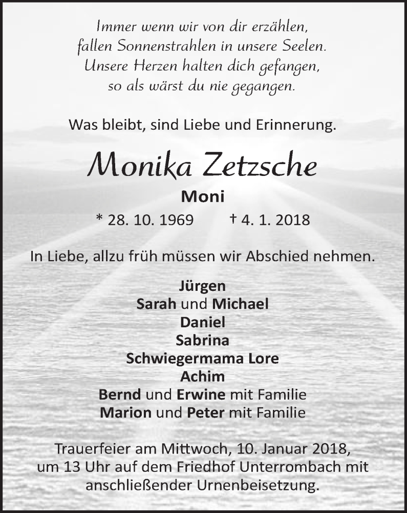  Traueranzeige für Monika Zetzsche vom 08.01.2018 aus Schwäbische Post