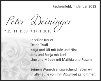 Traueranzeige von Peter Deininger von Schwäbische Post